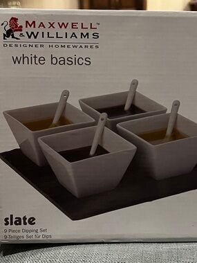 MAXWELL WILLIAMS 20CM SLATE  & 9 PIECE DIPPING WHITE CERAMIC SET w/ SPOONS